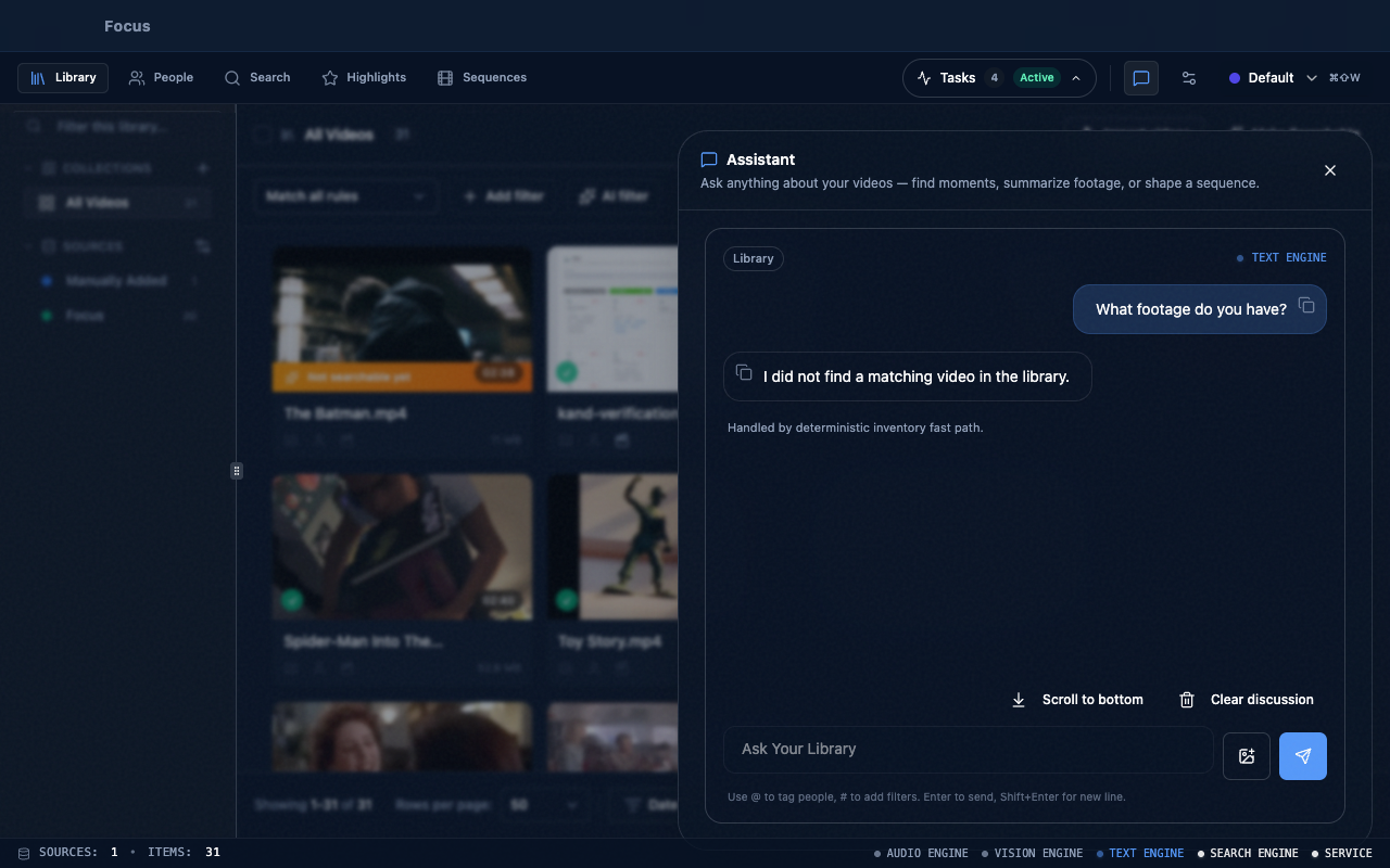 Focus search interface showing local video search results