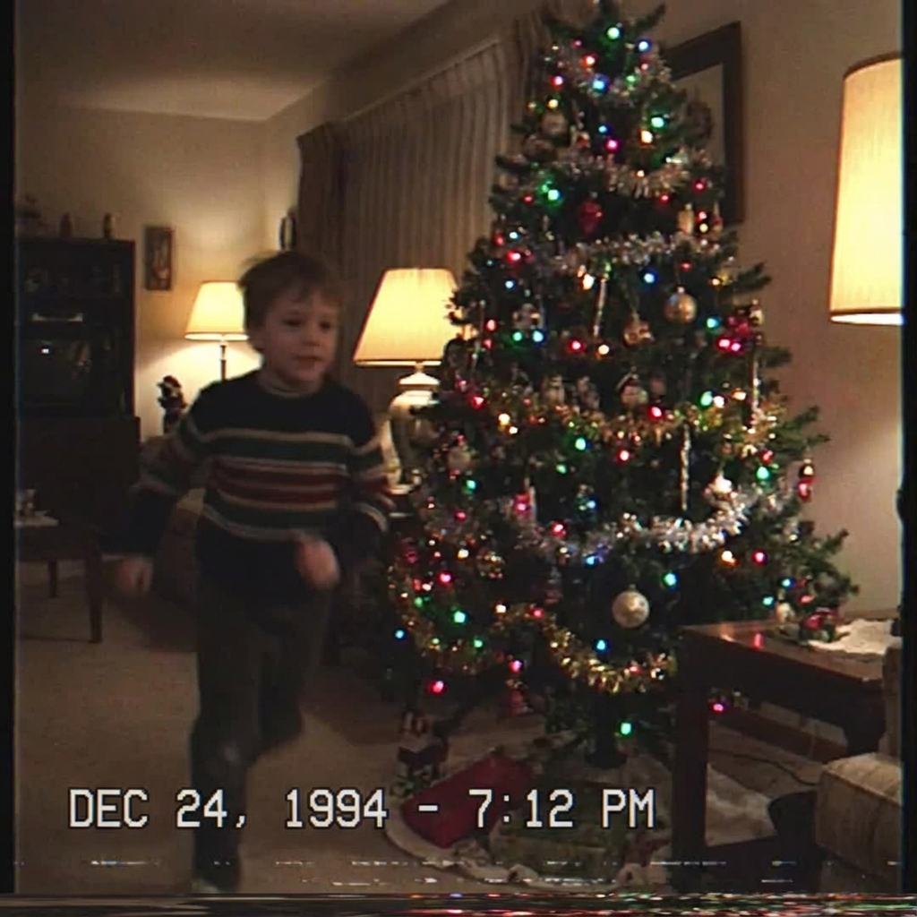 A family video moment beside a Christmas tree